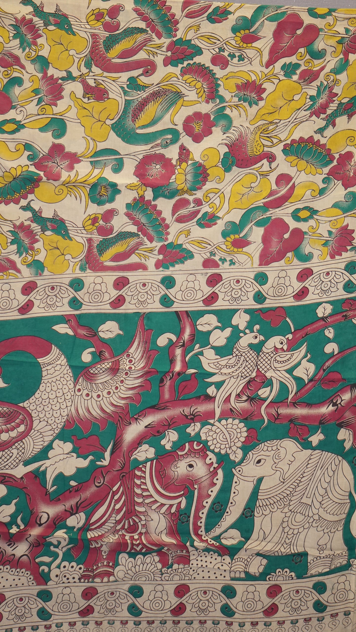 Kalamkari Saree Cotton - Beige With Green Border