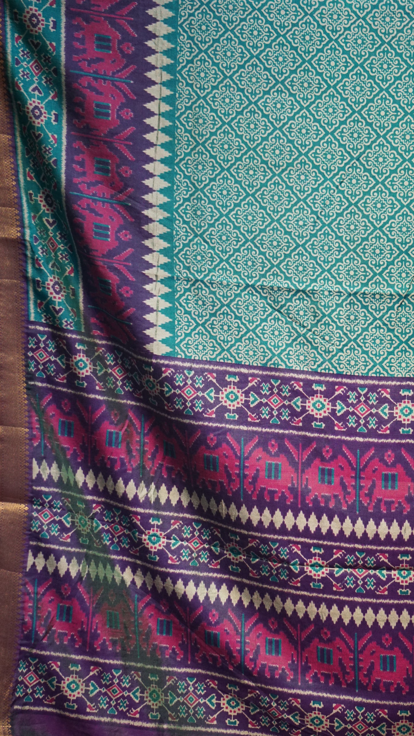 Semi Pattola Saree Kolam Print - Teal Blue