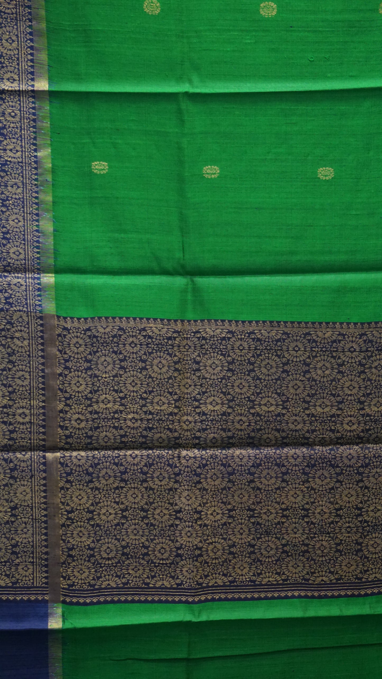 Pure Dupion Silk Saree - Parrot Green With Navy Blue Border