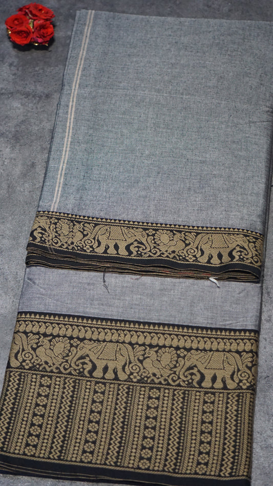 Narayanapet Cotton Saree Elephant Border Grey