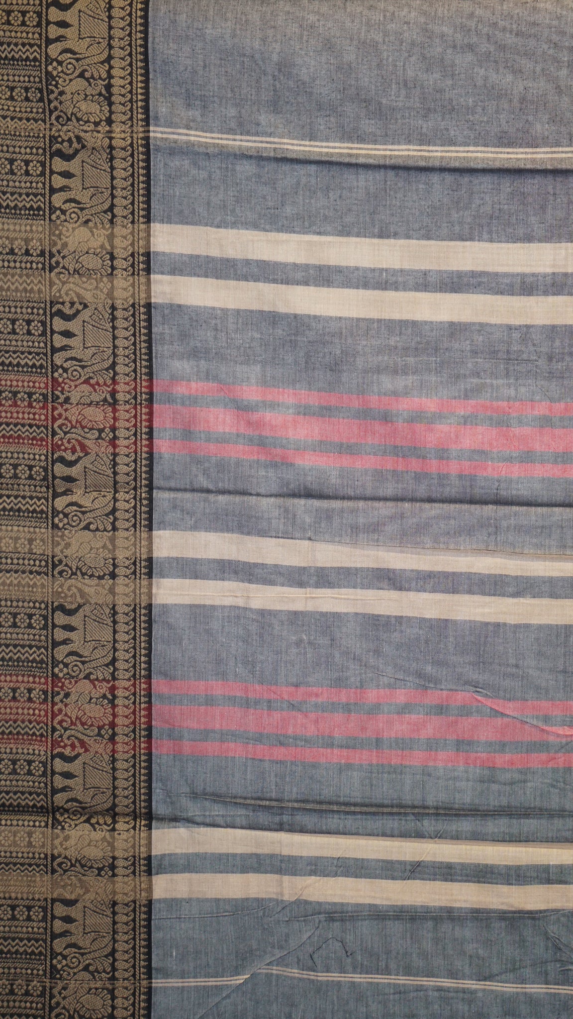 Narayanapet Cotton Saree Elephant Border Grey