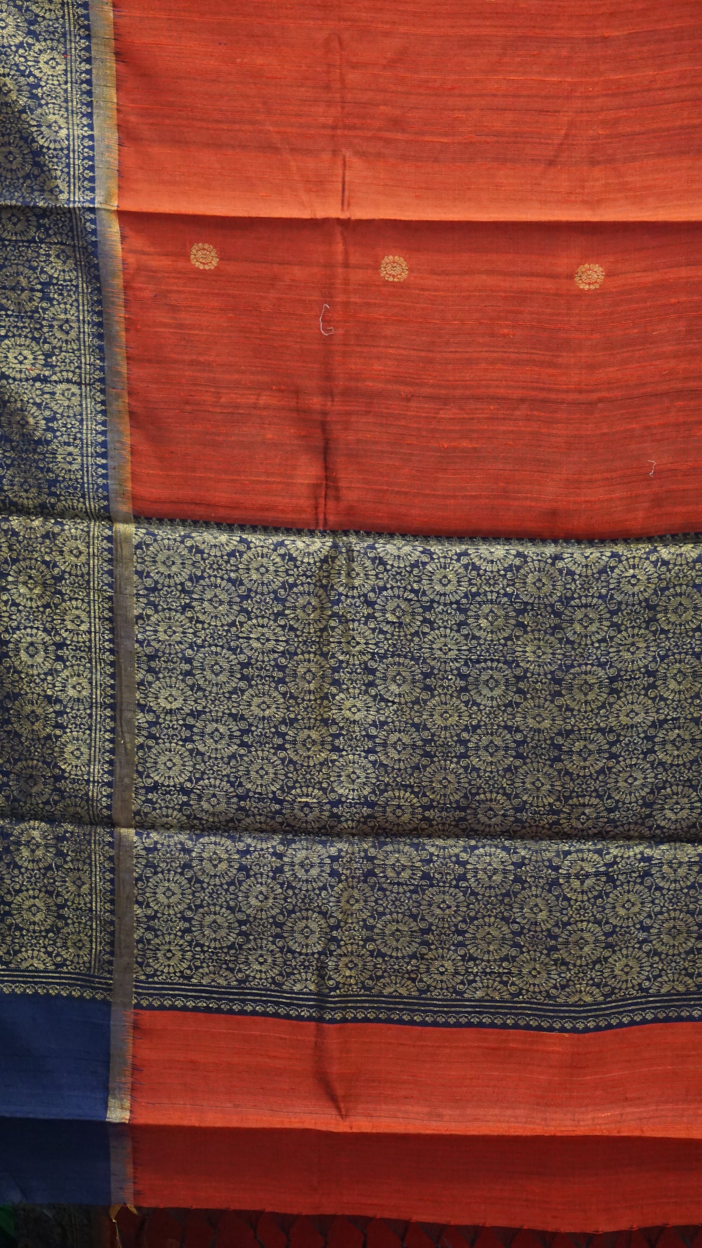 Pure Dupion Silk Saree - Red With Navy Blue Border