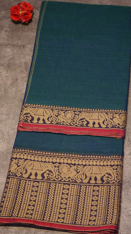 Narayanapet Cotton Saree Elephant Border Peacock Blue