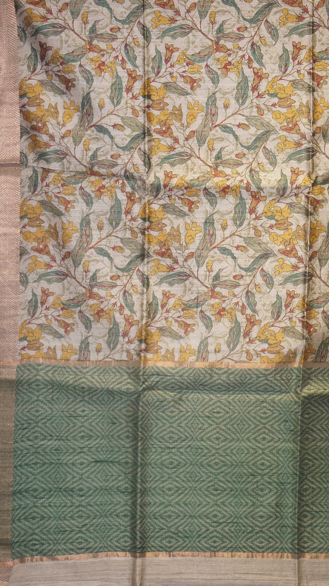 Pure Tussar Saree Floral - Beige & Green