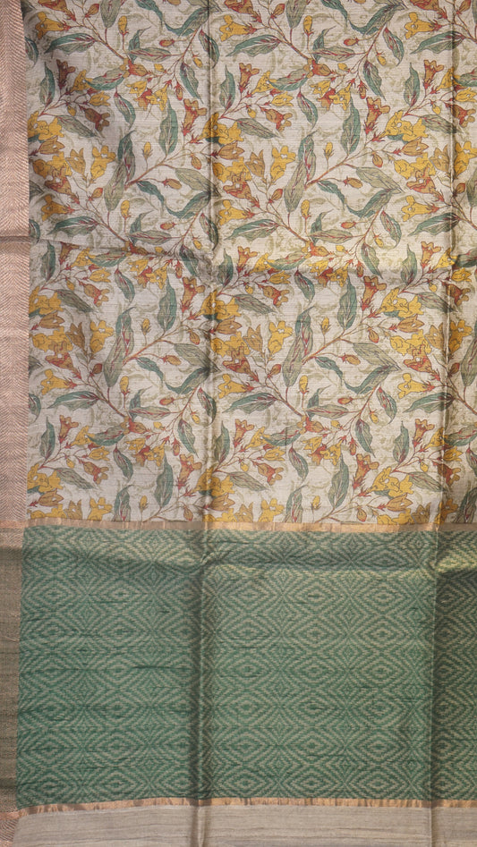 Pure Tussar Saree Floral - Beige & Green