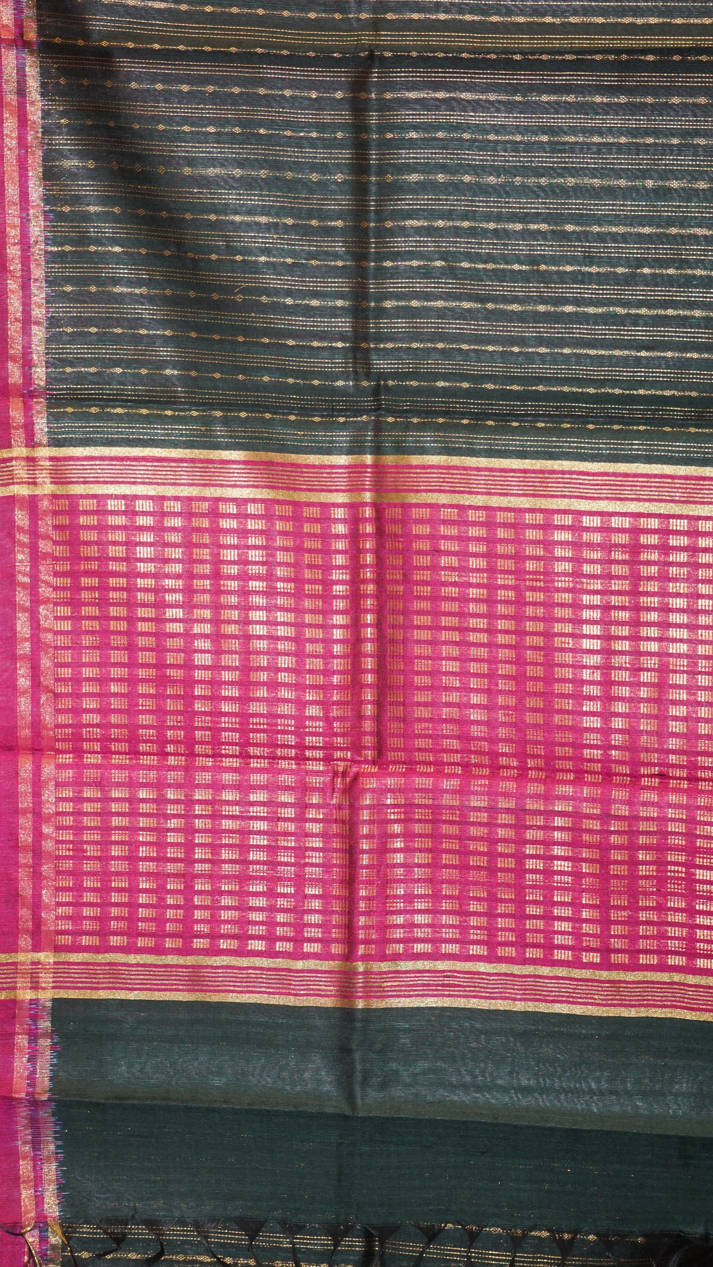 Pure Dupion Silk Saree - Bottle Green with Purple Border