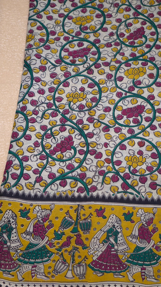 Kalamkari Saree Silk - Beige With Mustard Border
