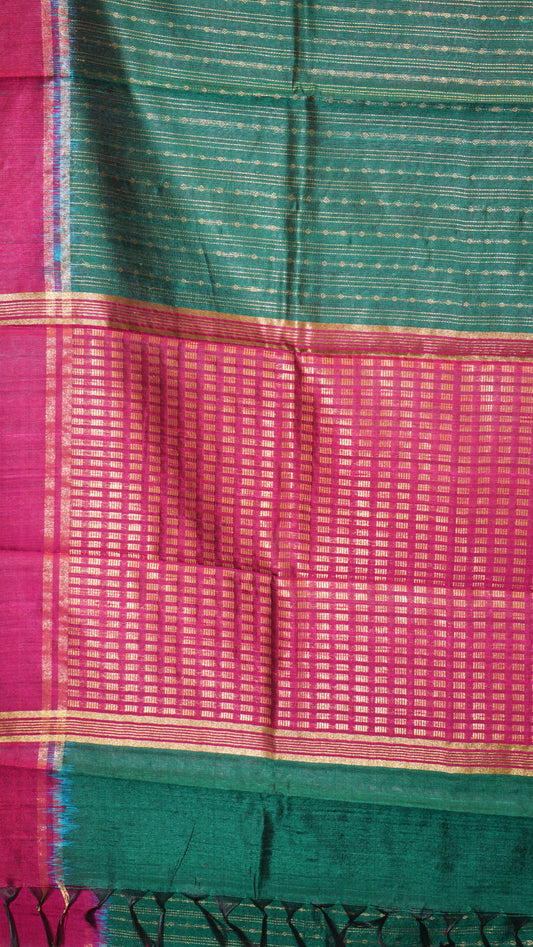 Pure Dupion Silk Saree - Green with Purple Border