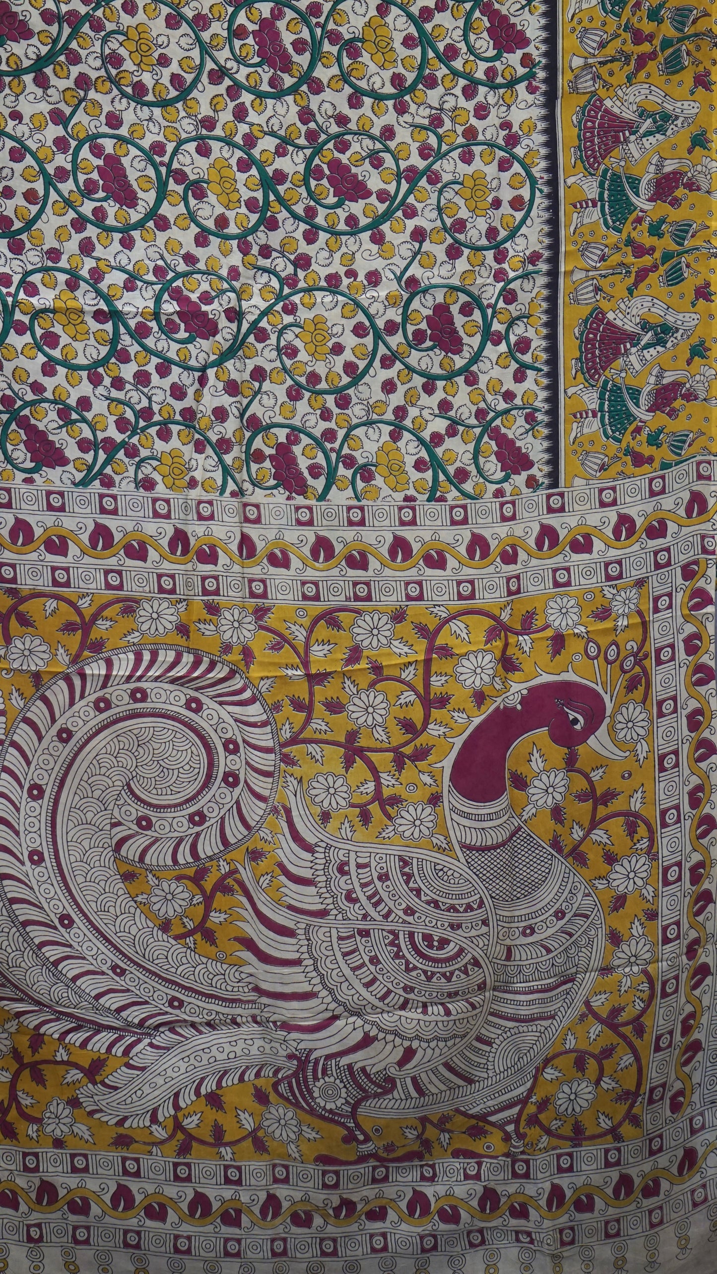 Kalamkari Saree Silk - Beige With Mustard Border