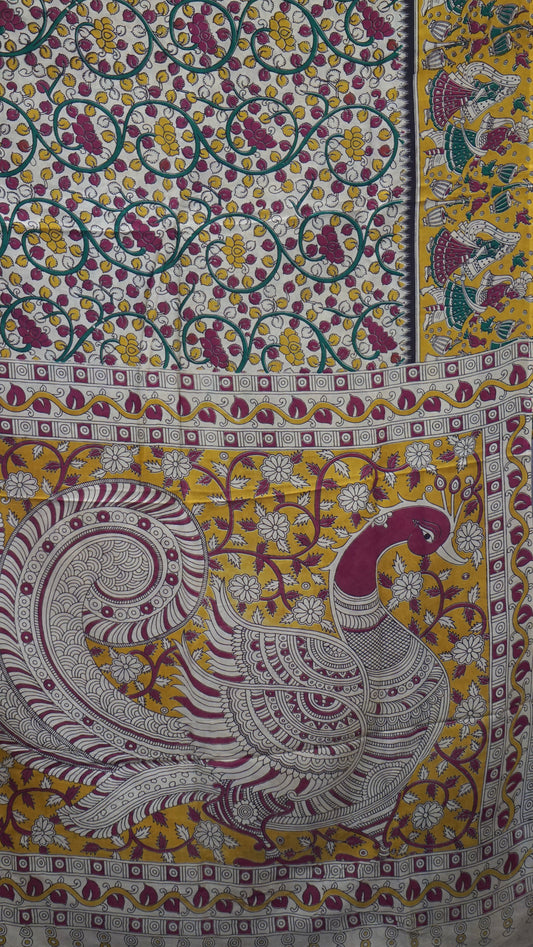 Kalamkari Saree Silk - Beige With Mustard Border