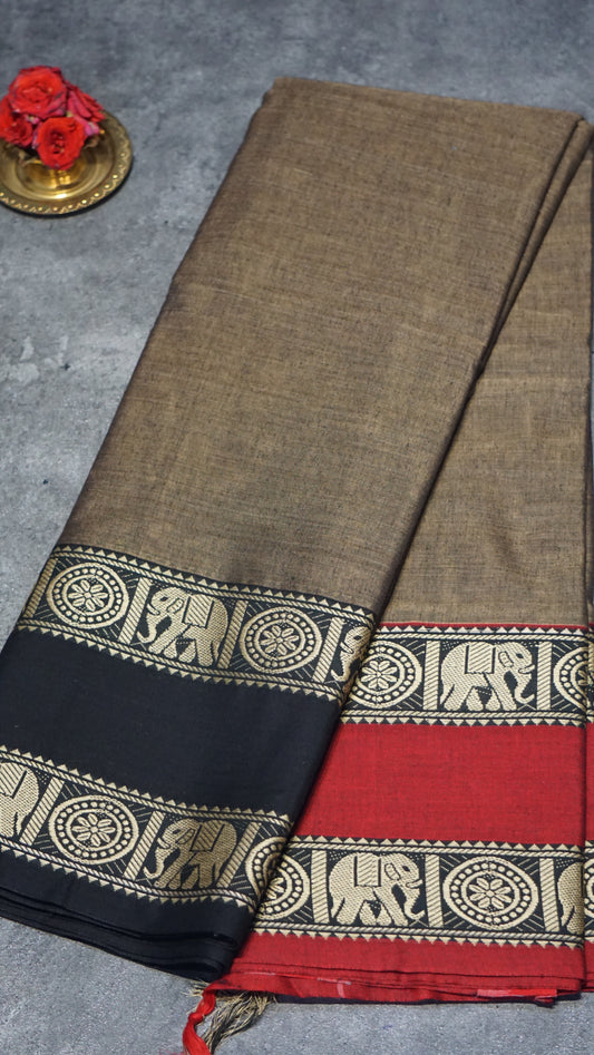 Narayanapet Cotton Saree Elephant Double Border Beige