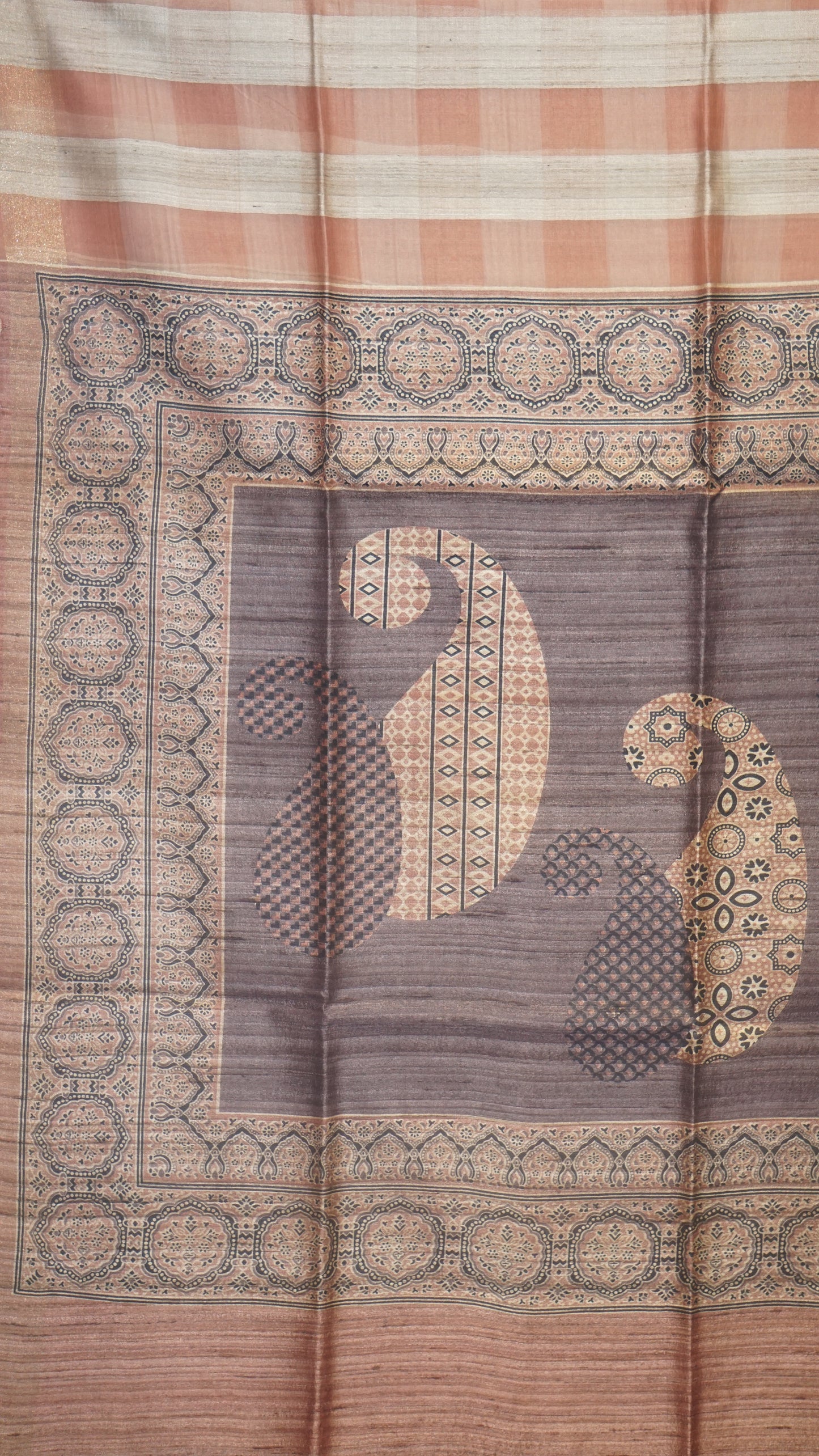 Pure Tussar Saree Checks - Peach & Navy Blue