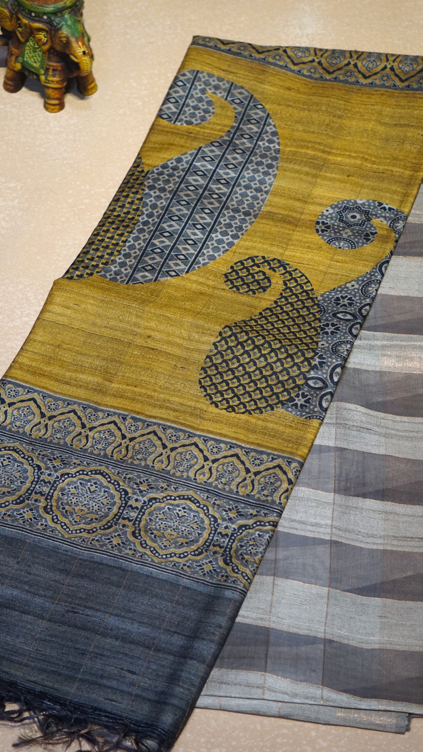 Pure Tussar Saree Checks - Mustard & Grey