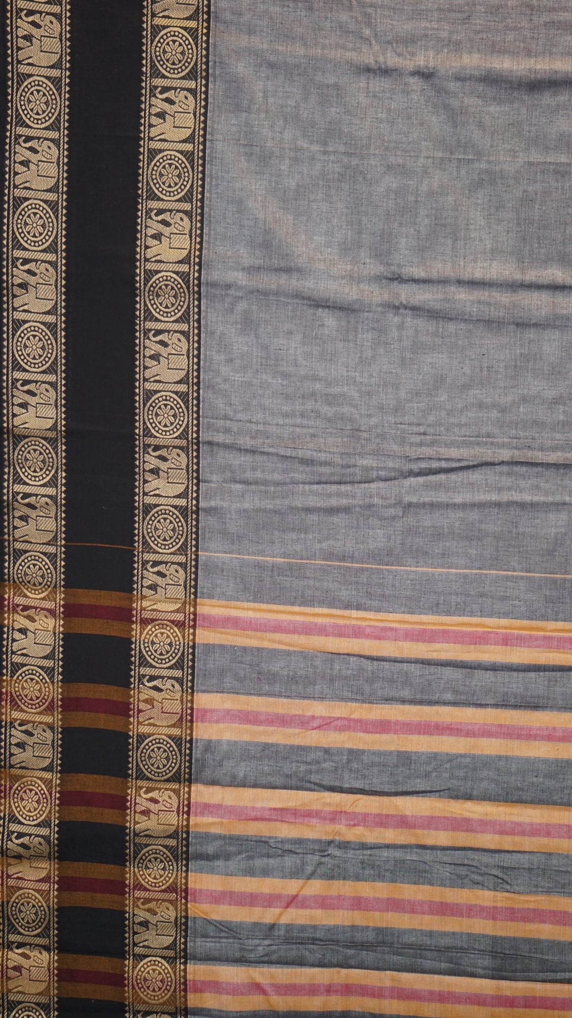 Narayanapet Cotton Saree Elephant Double Border Grey