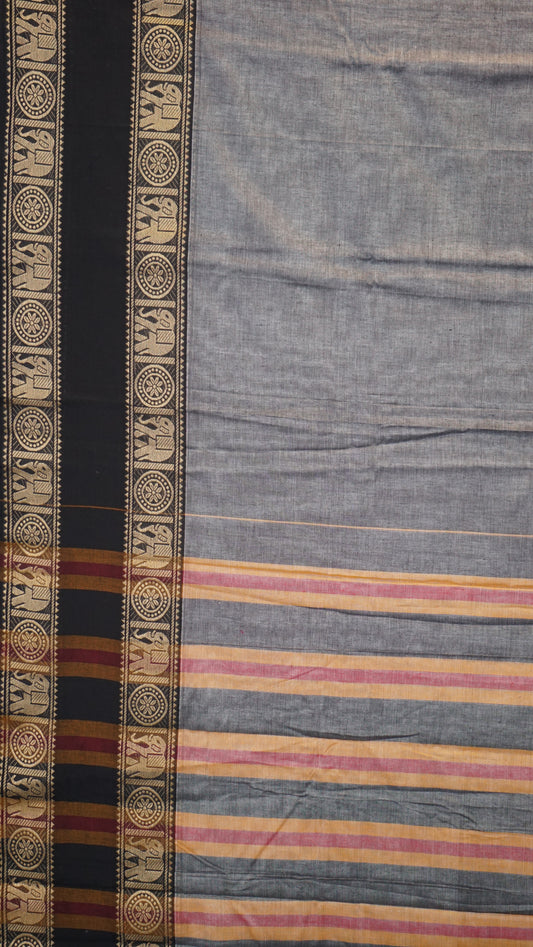 Narayanapet Cotton Saree Elephant Double Border Grey
