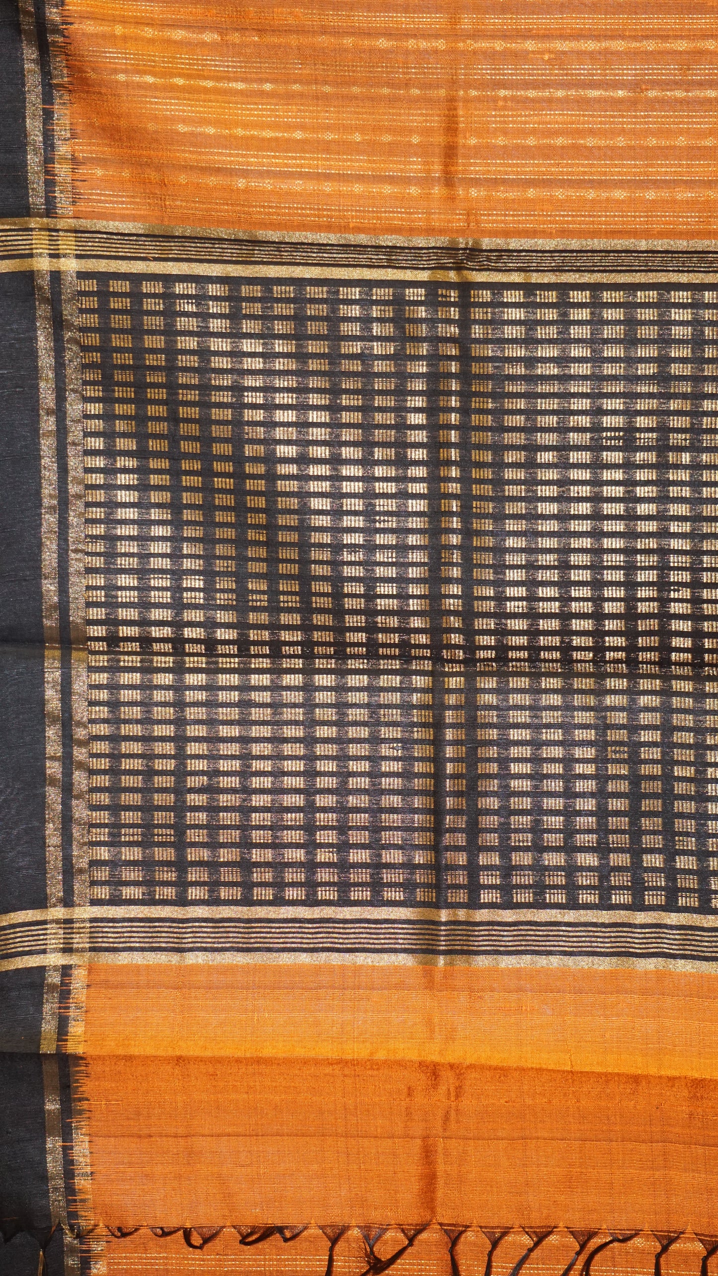 Pure Dupion Silk Saree - Orange With Black Border