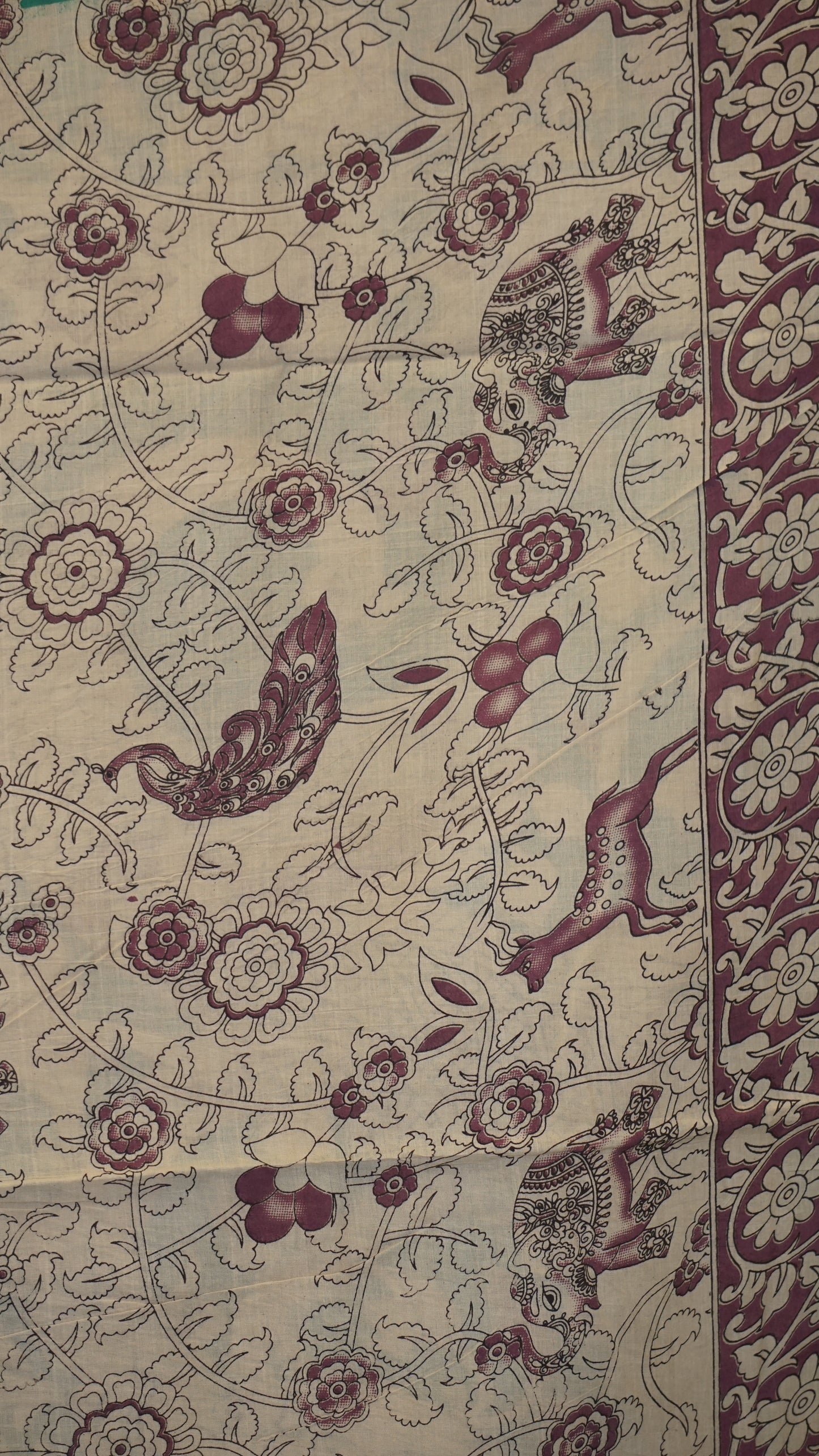 Kalamkari Saree Cotton - Green With Lavender Border