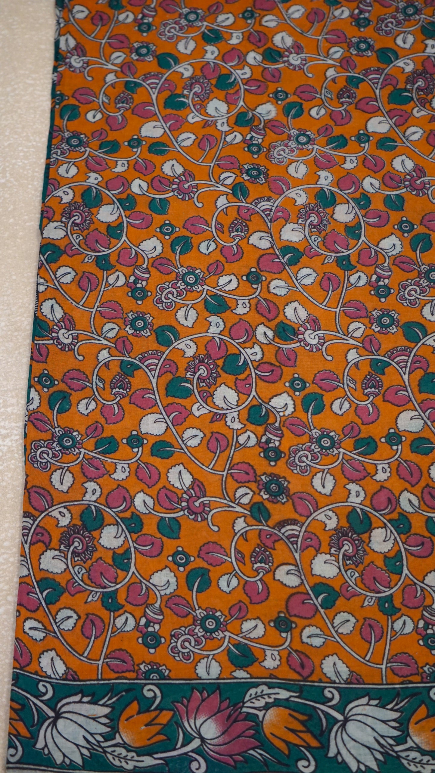 Kalamkari Saree Cotton - Orange With Green Border