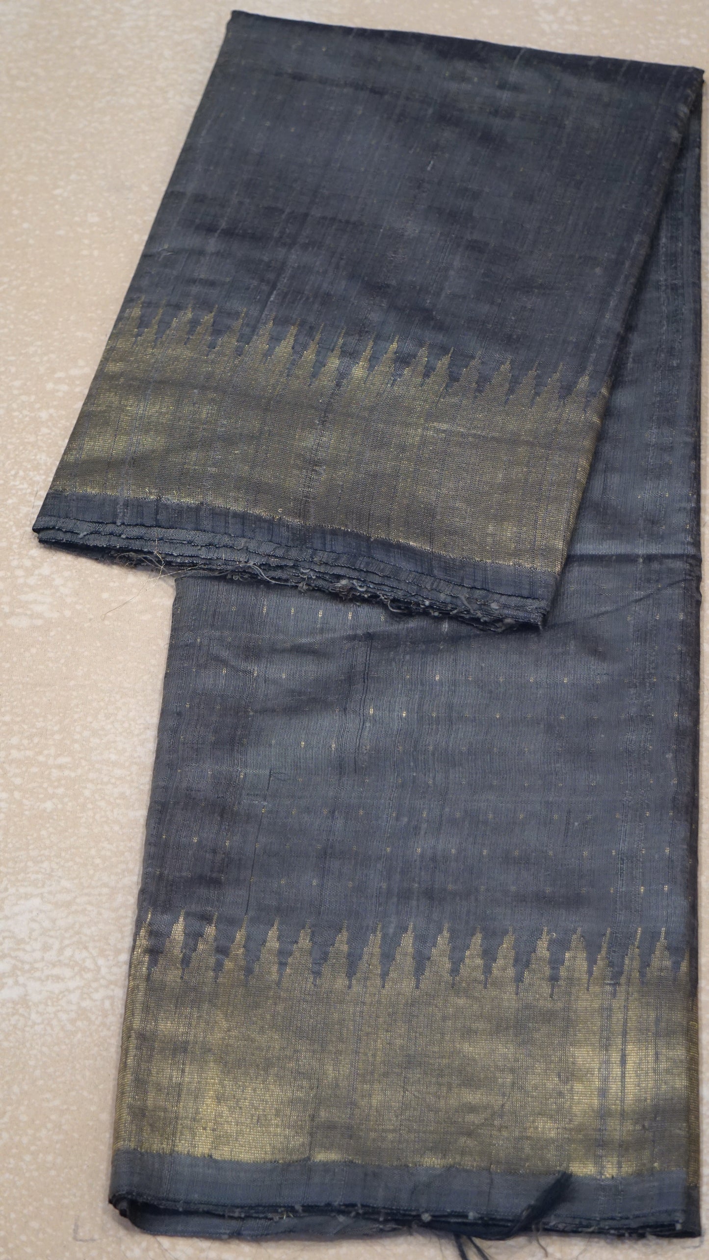 Pure Dupion Silk Saree - Grey with Gold Zari