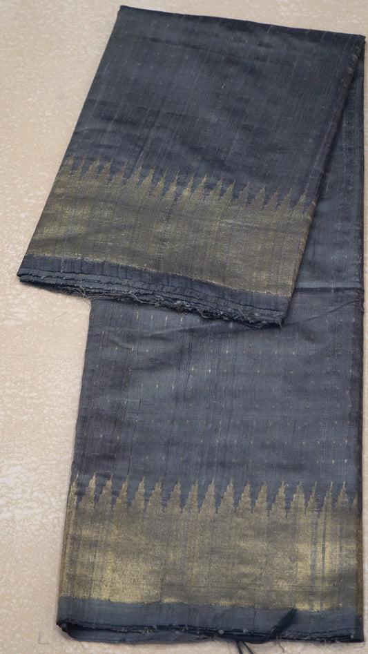 Pure Dupion Silk Saree - Grey with Gold Zari