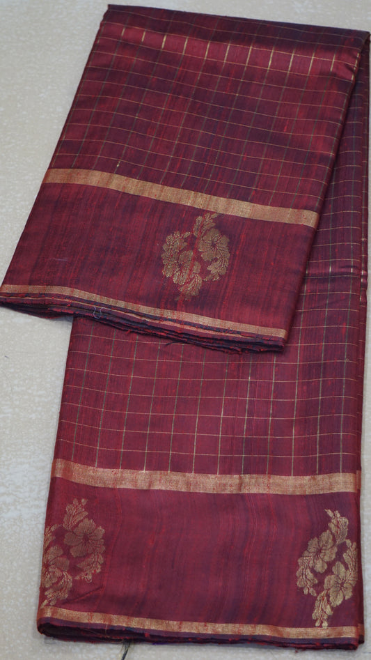 Pure Dupion Silk Saree Checks - Maroon