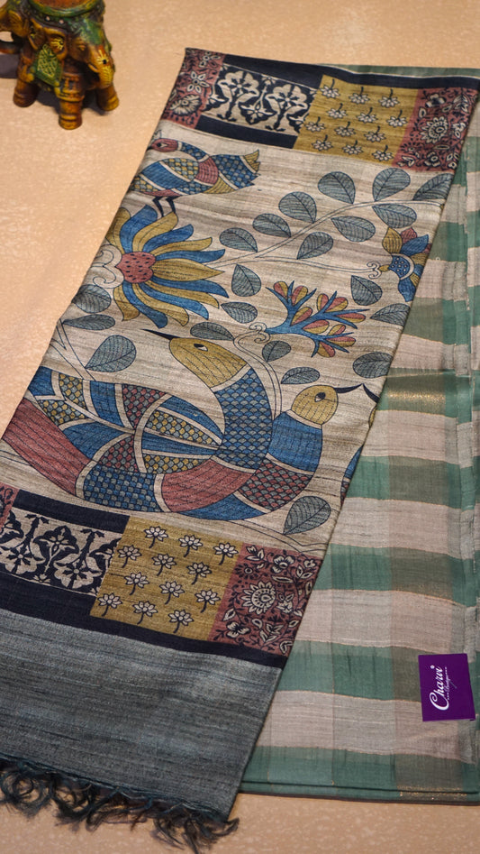 Pure Tussar Saree Checks - Cream & Pista Green