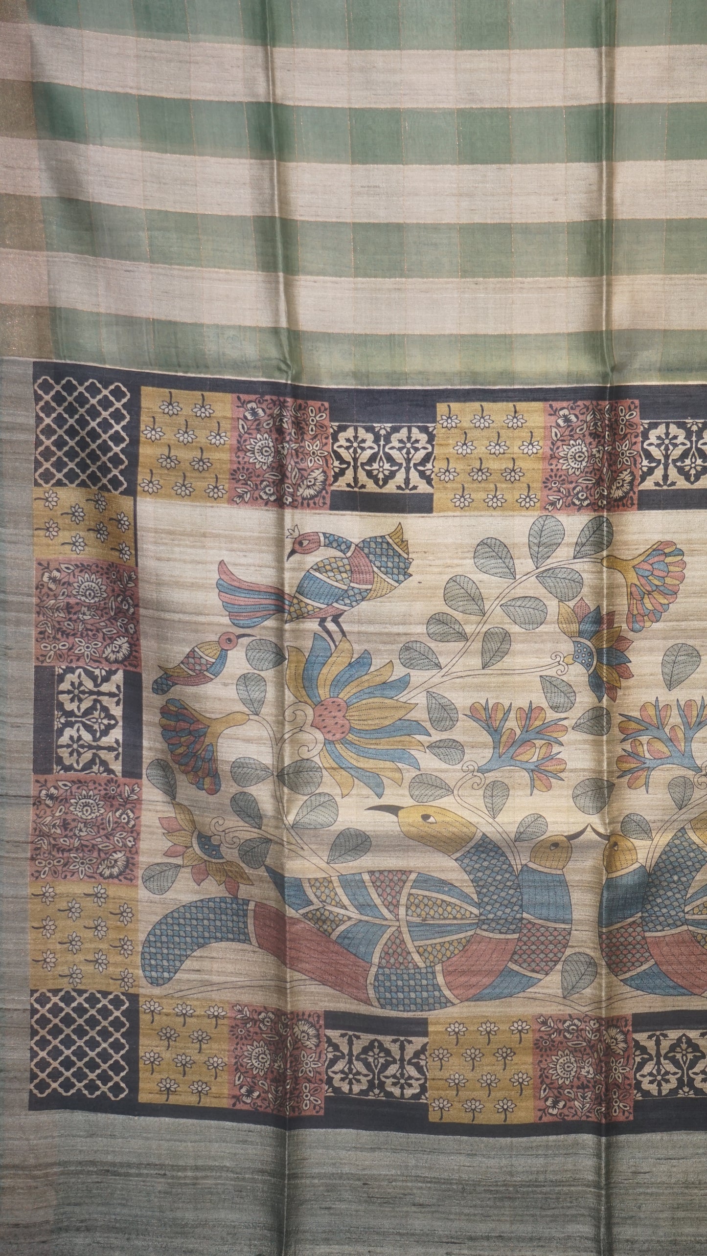 Pure Tussar Saree Checks - Cream & Pista Green