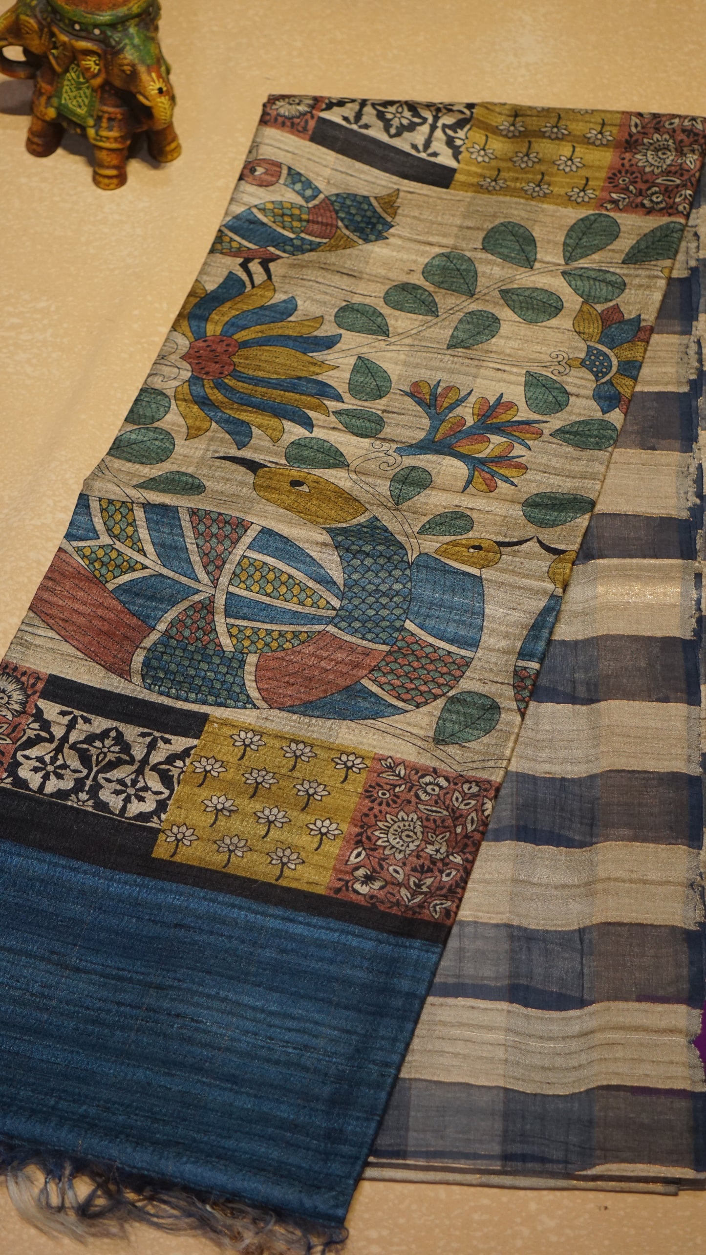 Pure Tussar Saree Checks - Cream & Blue