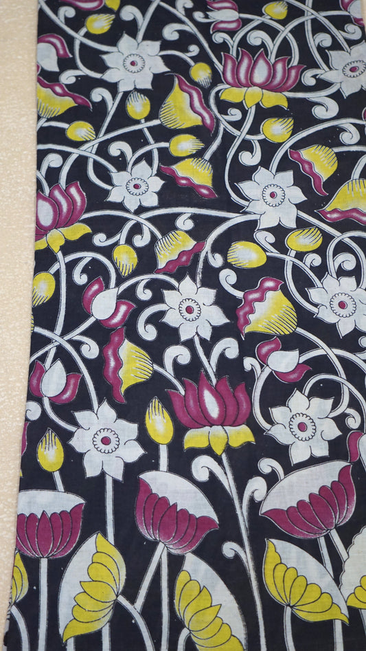 Kalamkari Saree Cotton - Black With Floral Print