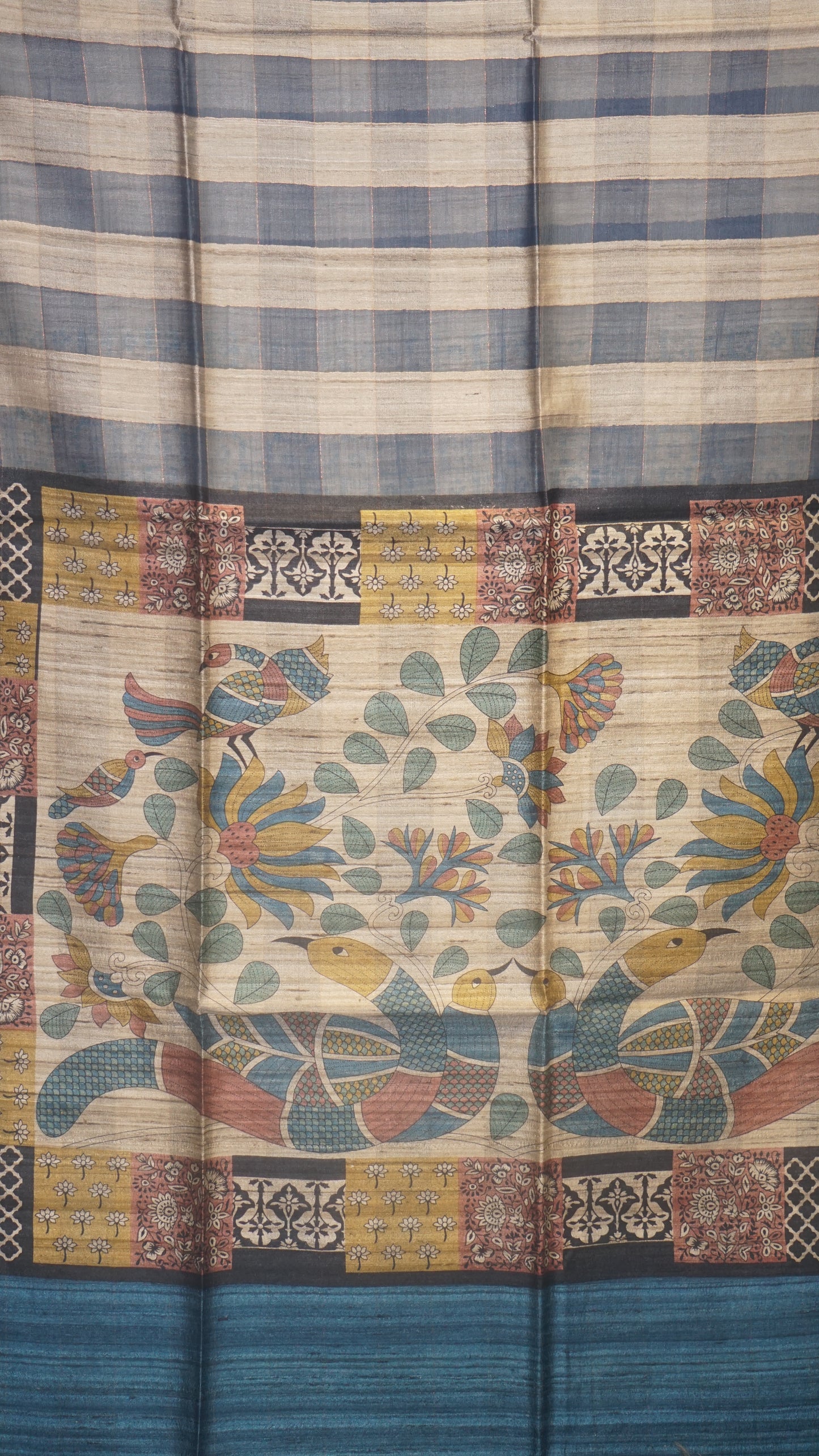 Pure Tussar Saree Checks - Cream & Blue