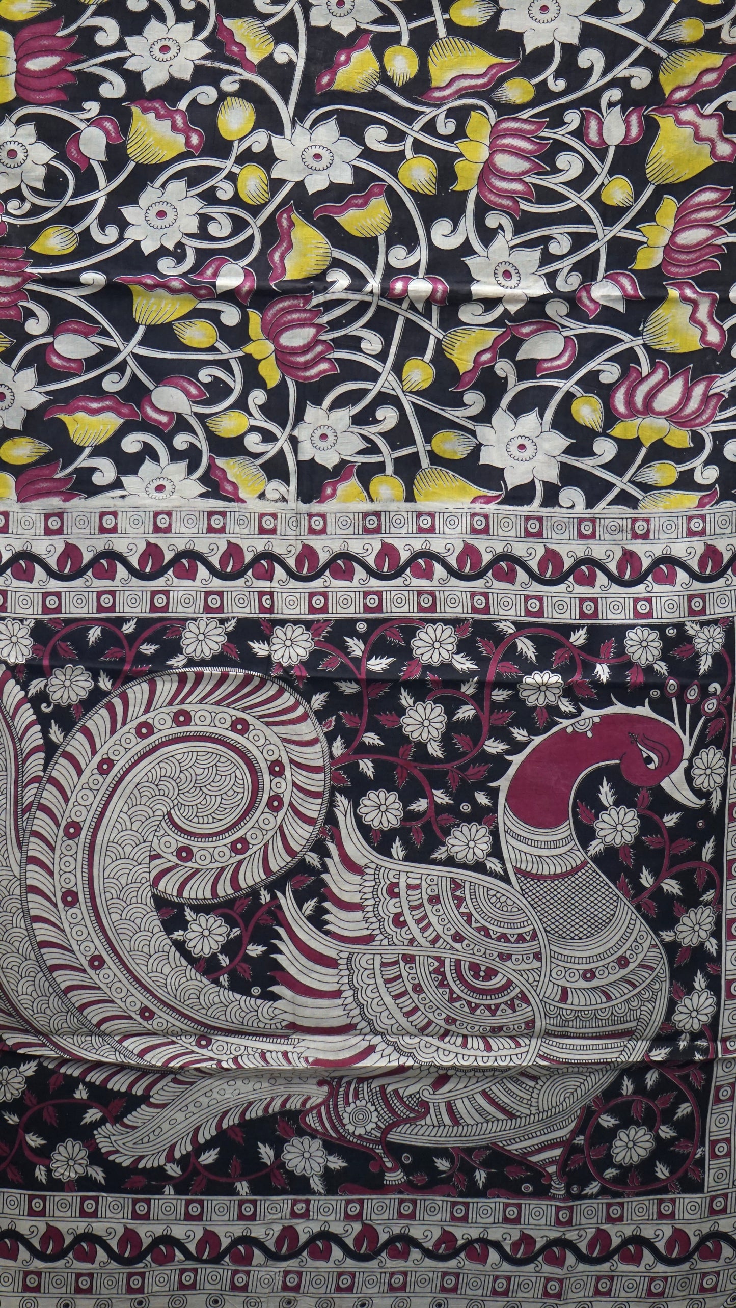 Kalamkari Saree Cotton - Black With Floral Print