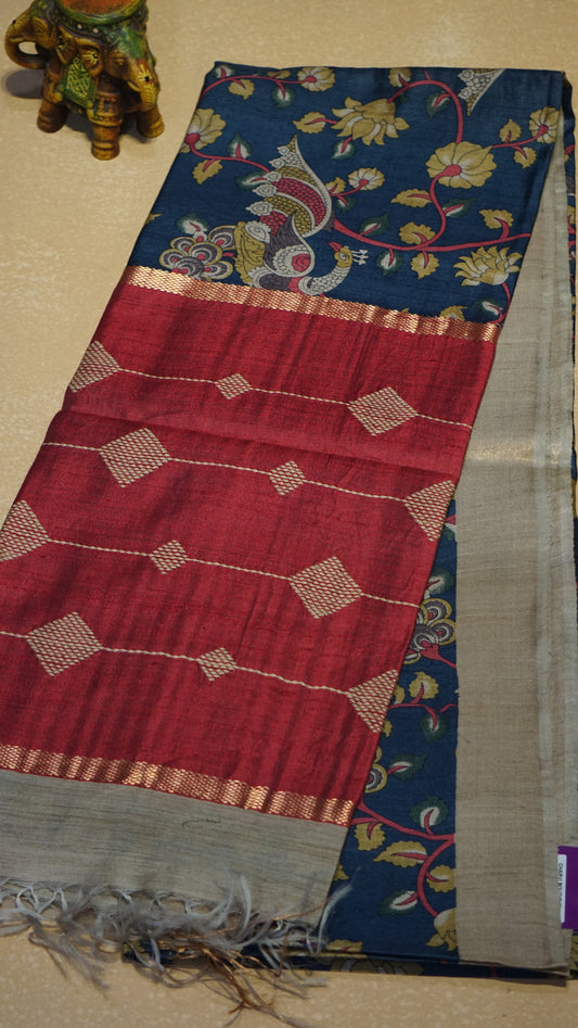 Pure Tussar Saree - Navy Blue & Red