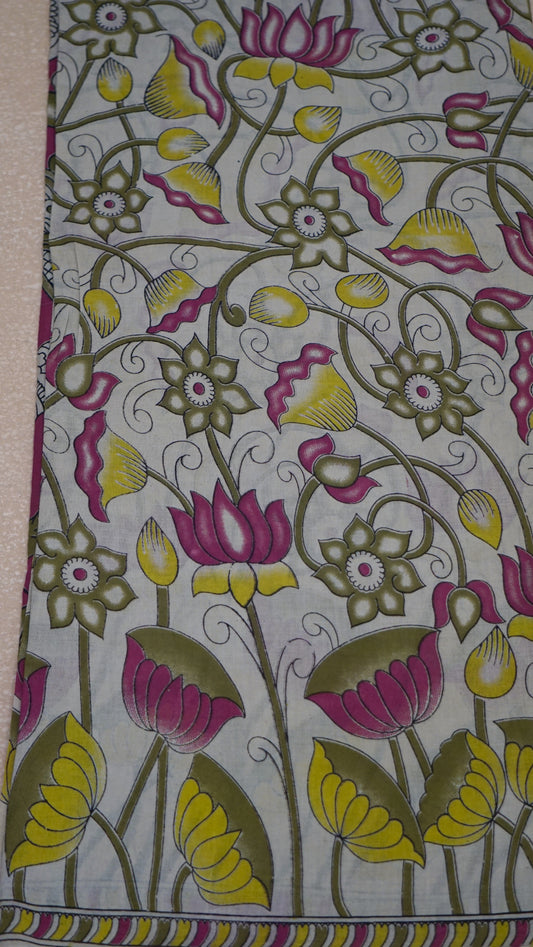 Kalamkari Saree Cotton - Beige With Floral Print