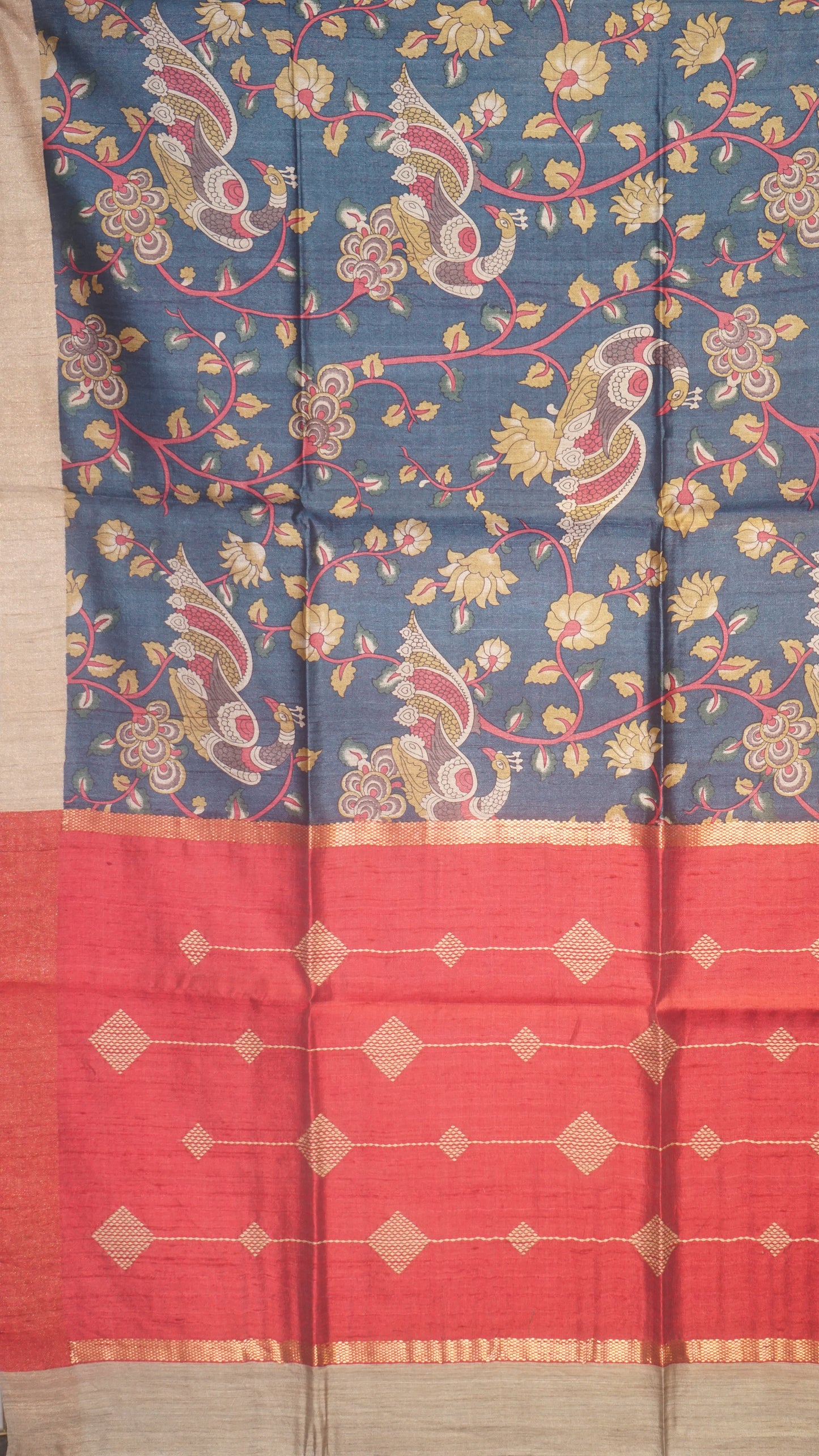 Pure Tussar Saree - Navy Blue & Red