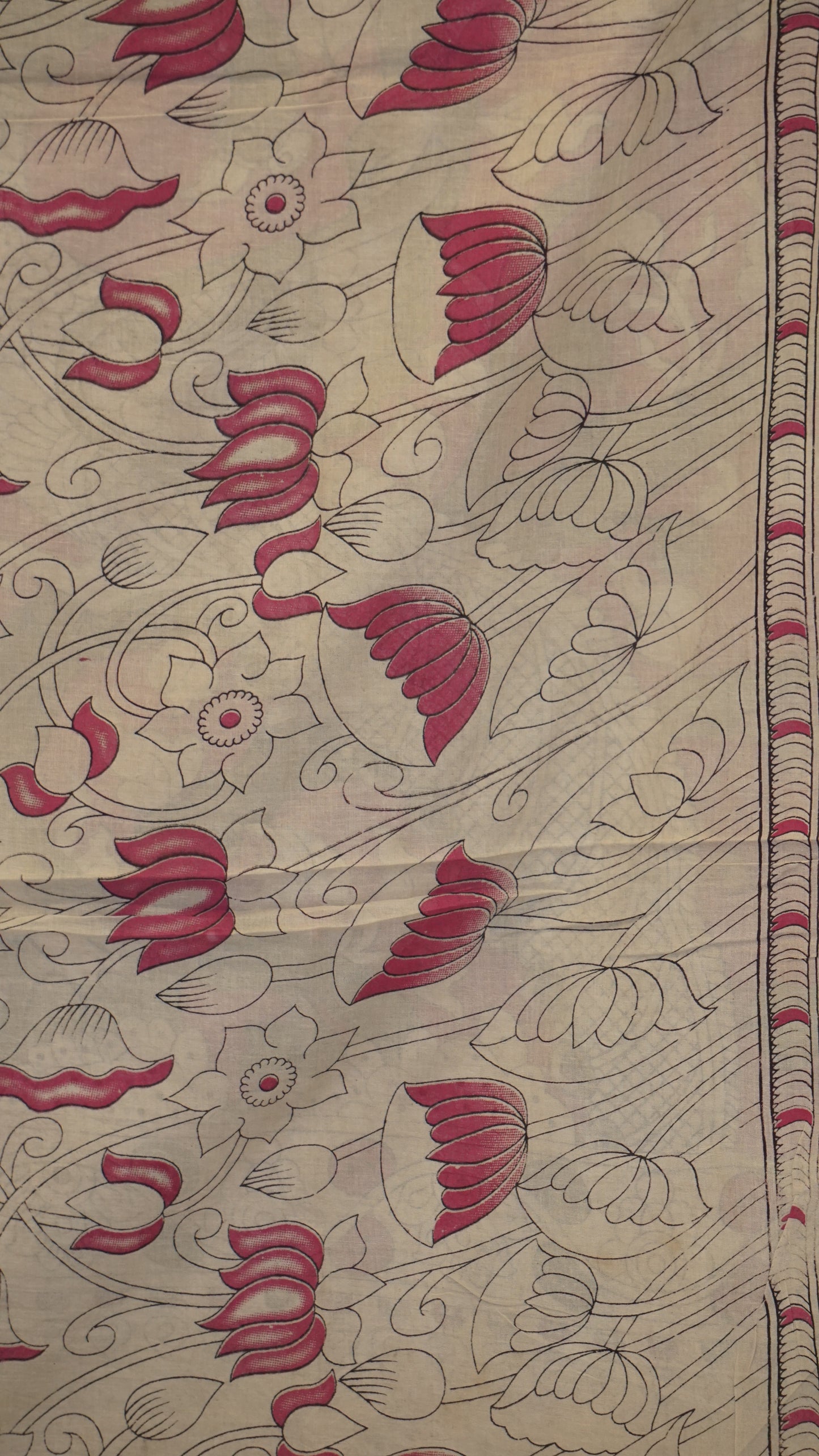 Kalamkari Saree Cotton - Beige With Floral Print