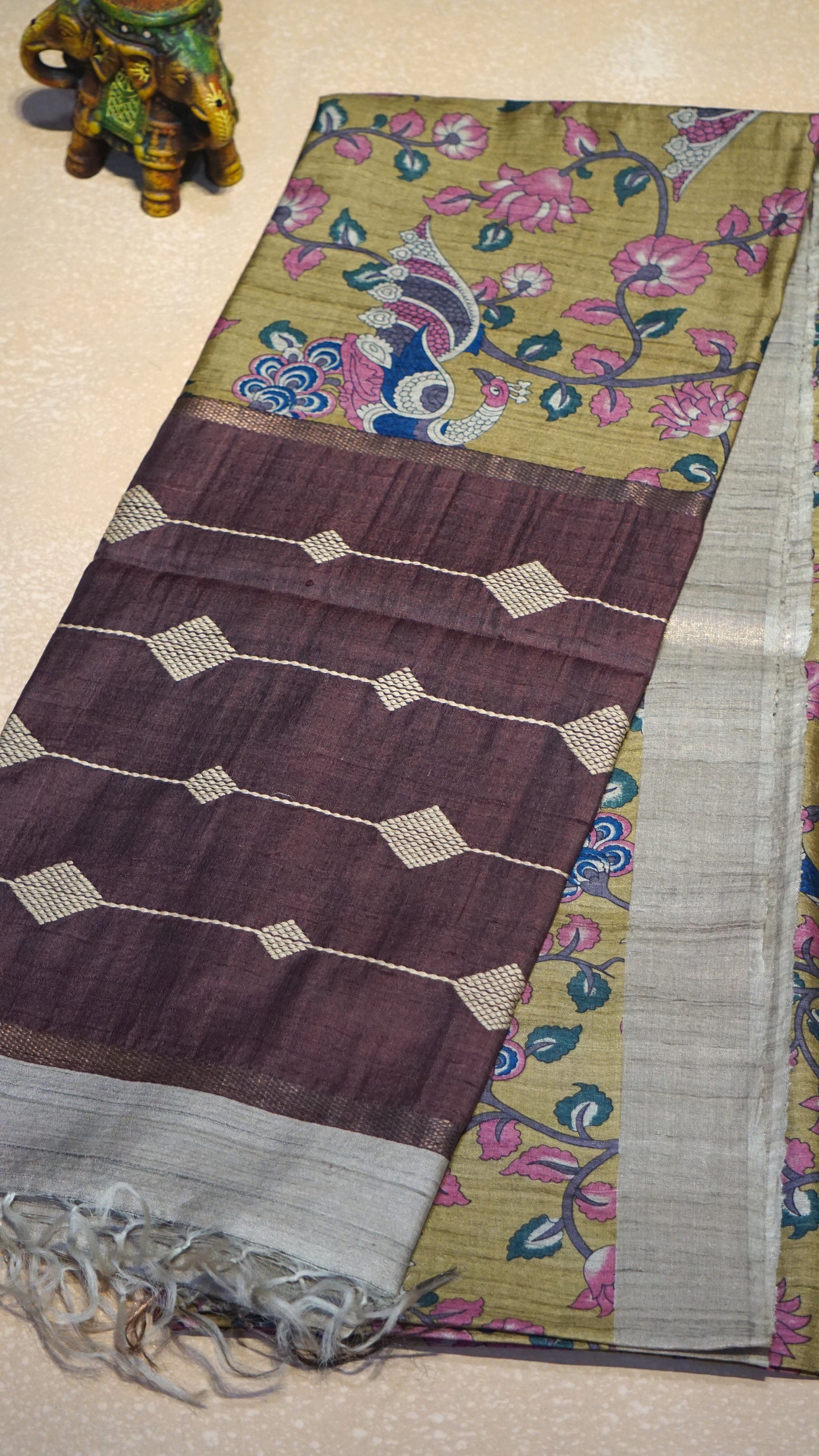 Pure Tussar Saree - Mustard Yellow & Brown