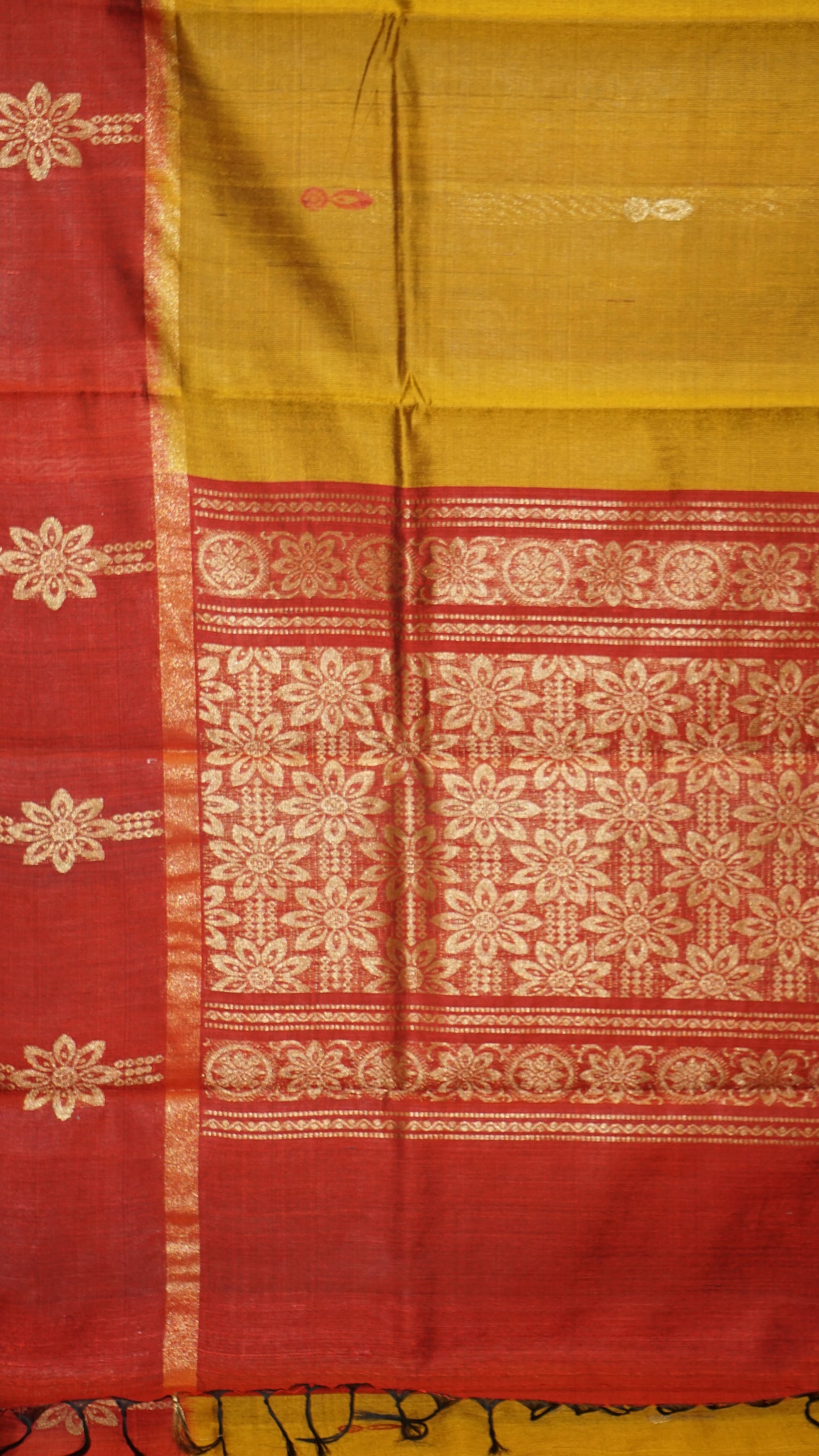 Pure Dupion Silk Saree - Gold With Red Border