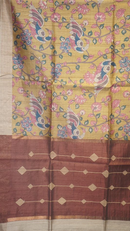 Pure Tussar Saree - Mustard Yellow & Brown