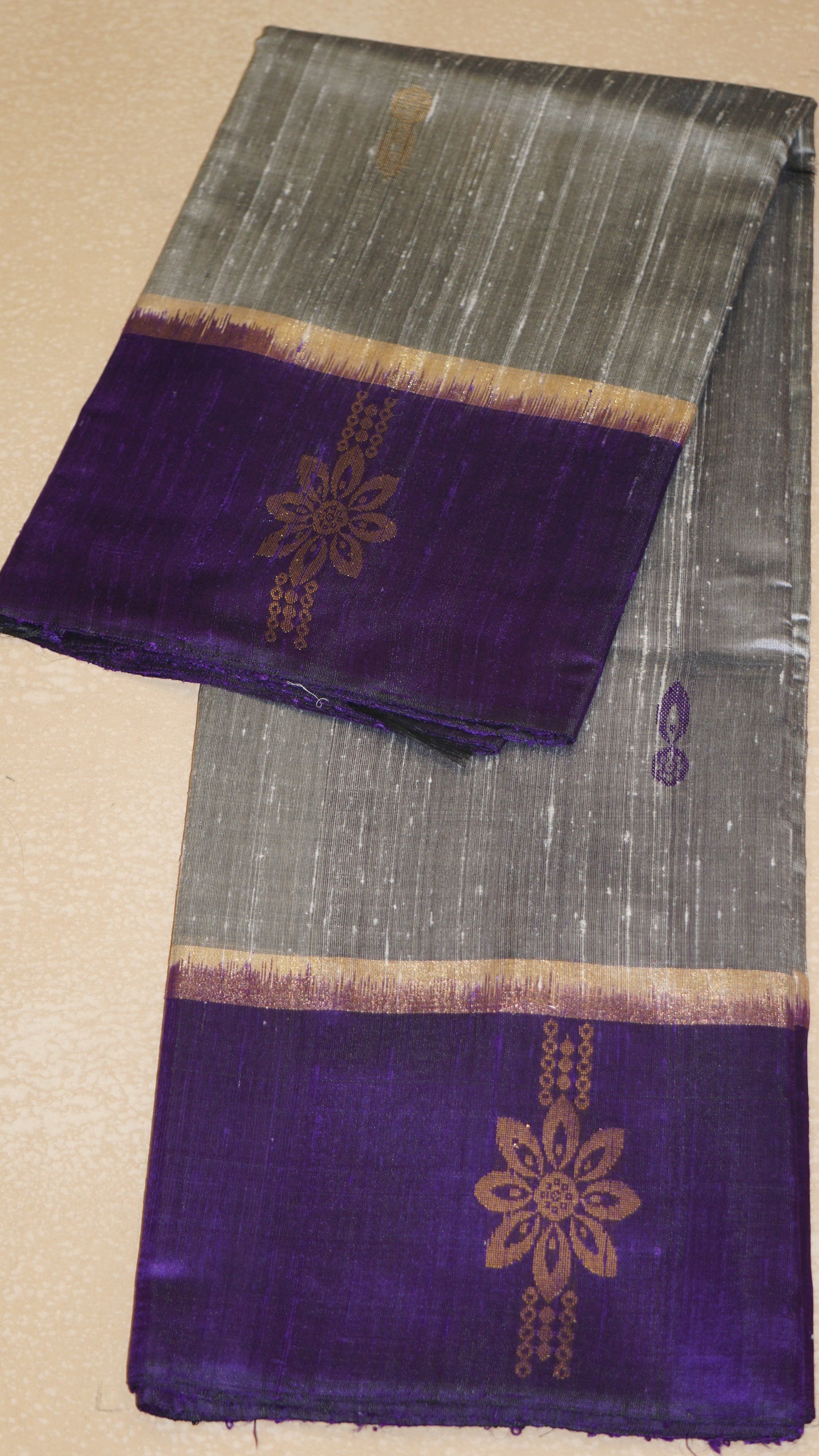 Pure Dupion Silk Saree - Elephant Grey with Purple Border