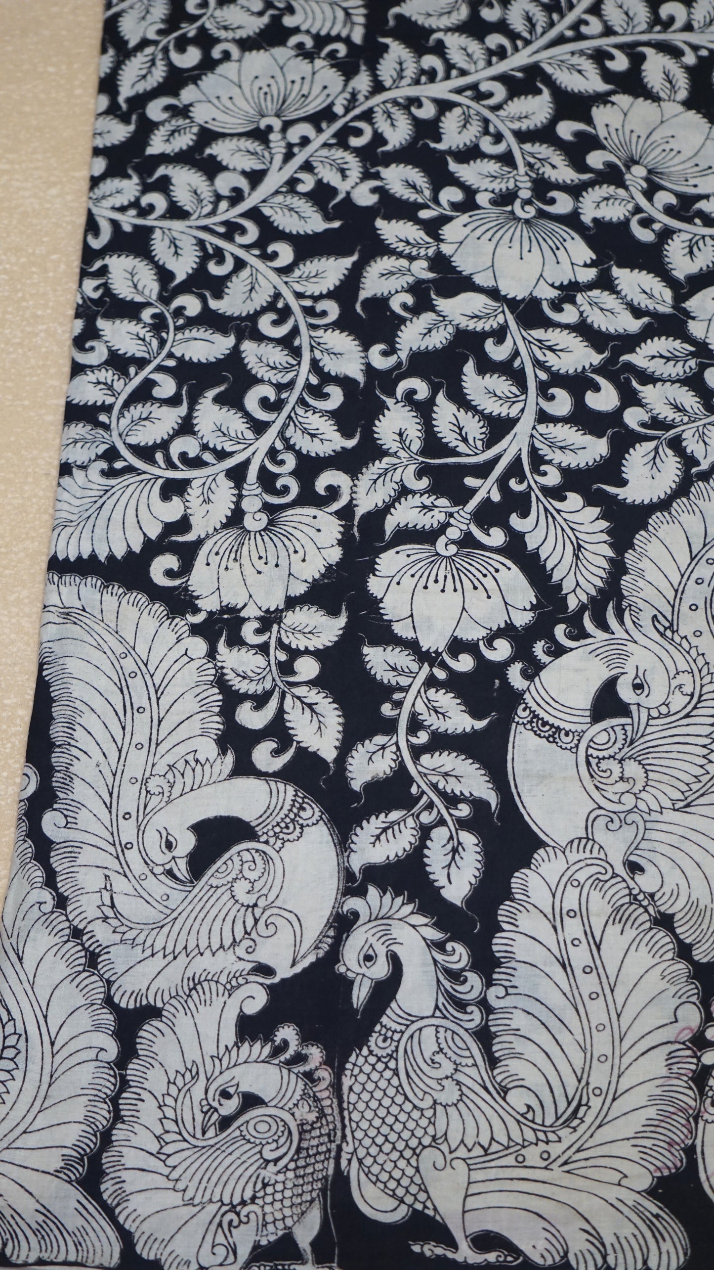 Kalamkari Saree Cotton - Black With Peacock Design
