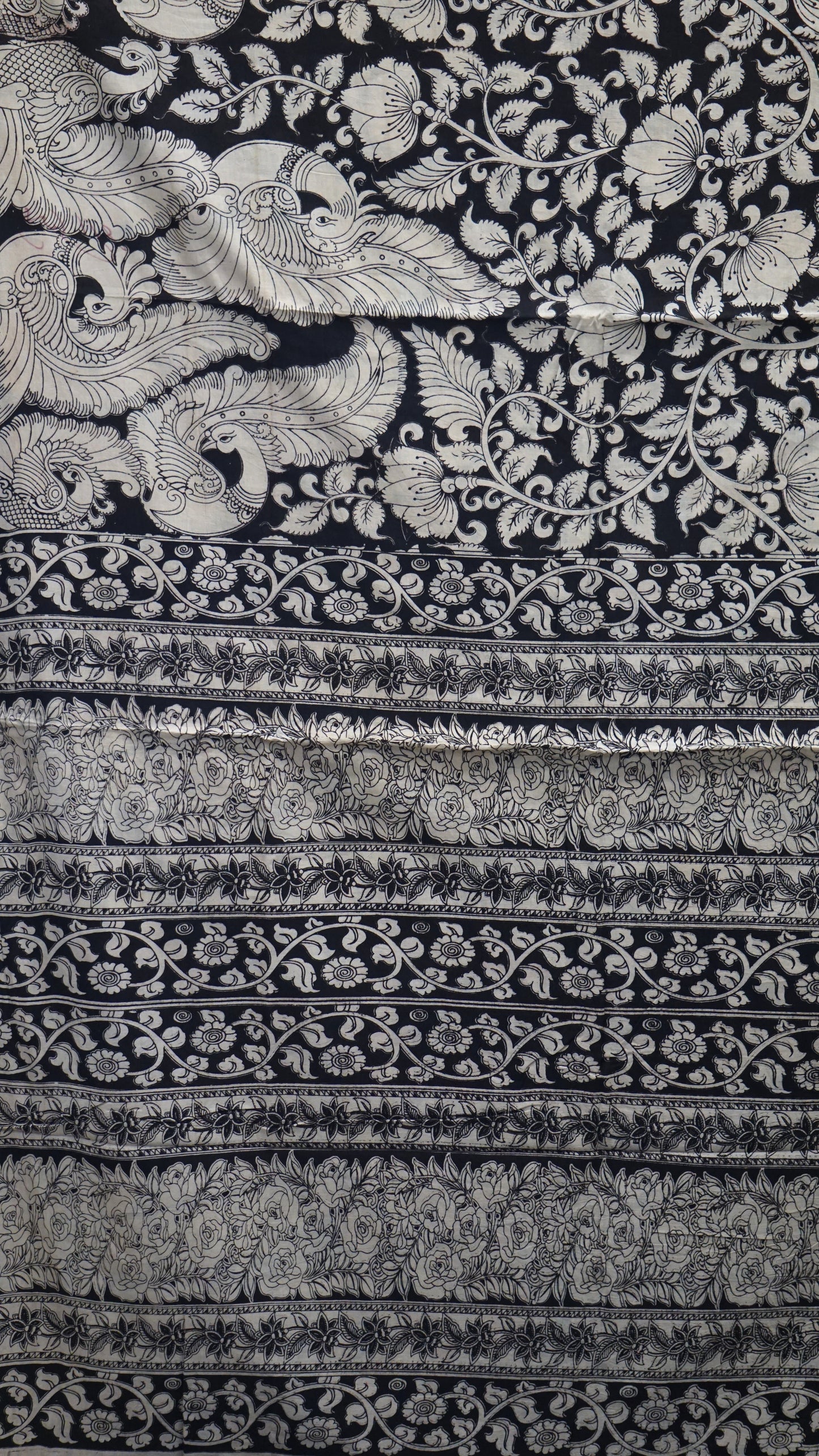 Kalamkari Saree Cotton - Black With Peacock Design