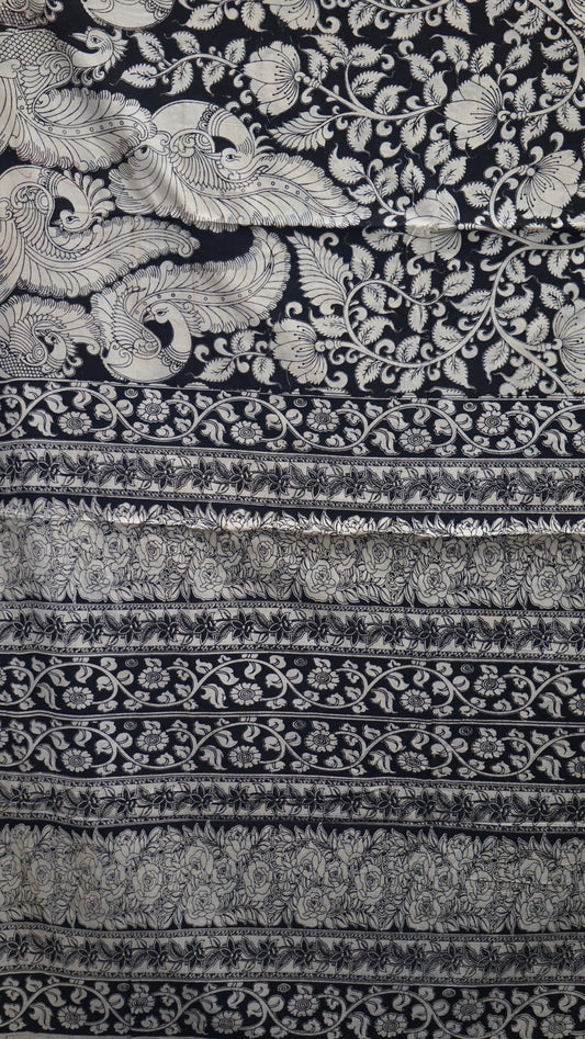 Kalamkari Saree Cotton - Black With Peacock Design