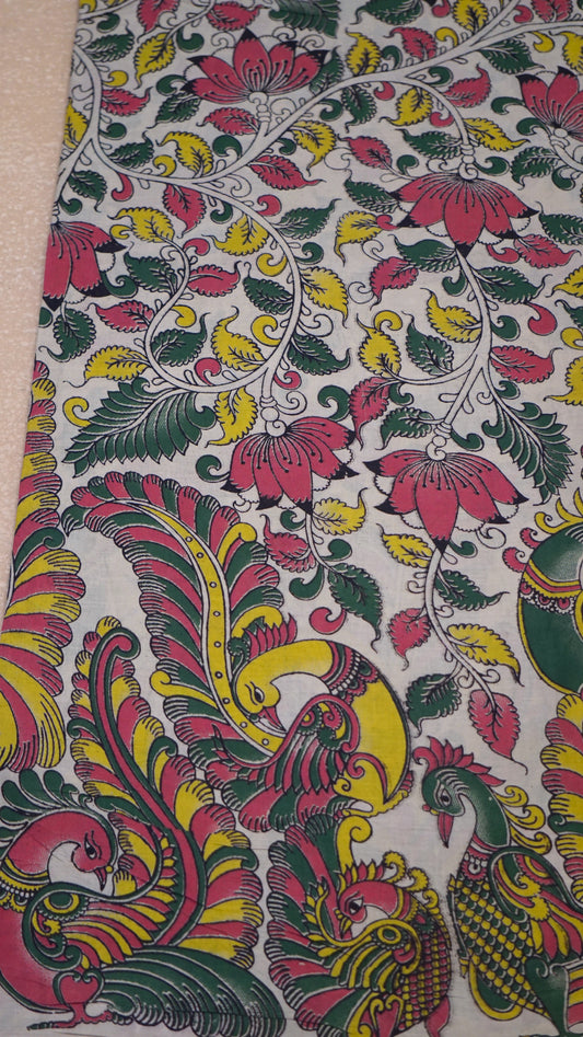 Kalamkari Saree Cotton - Beige With Big Peacock Design