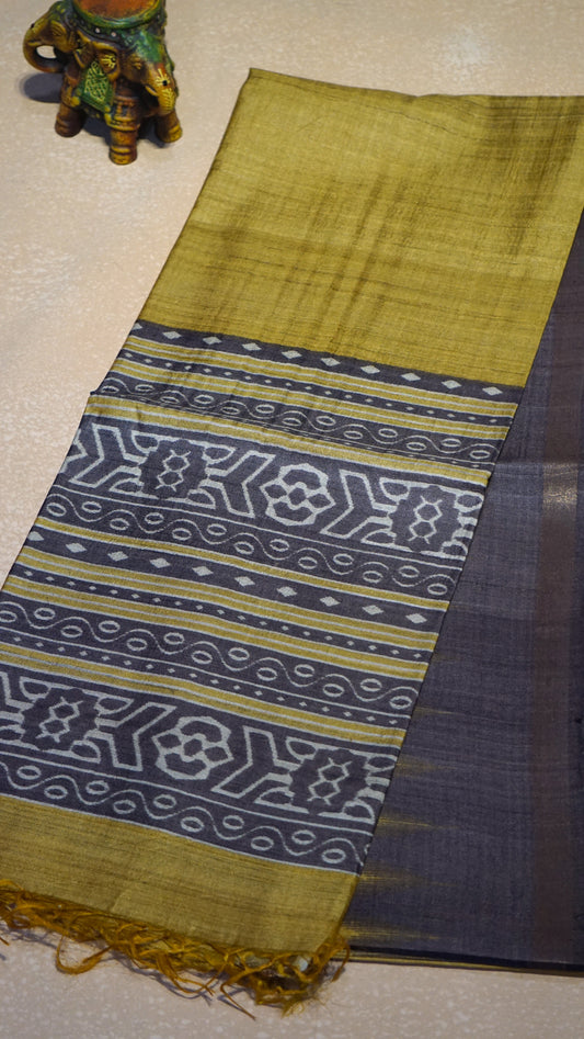 Pure Tussar Saree - Mustard Yellow & Brown