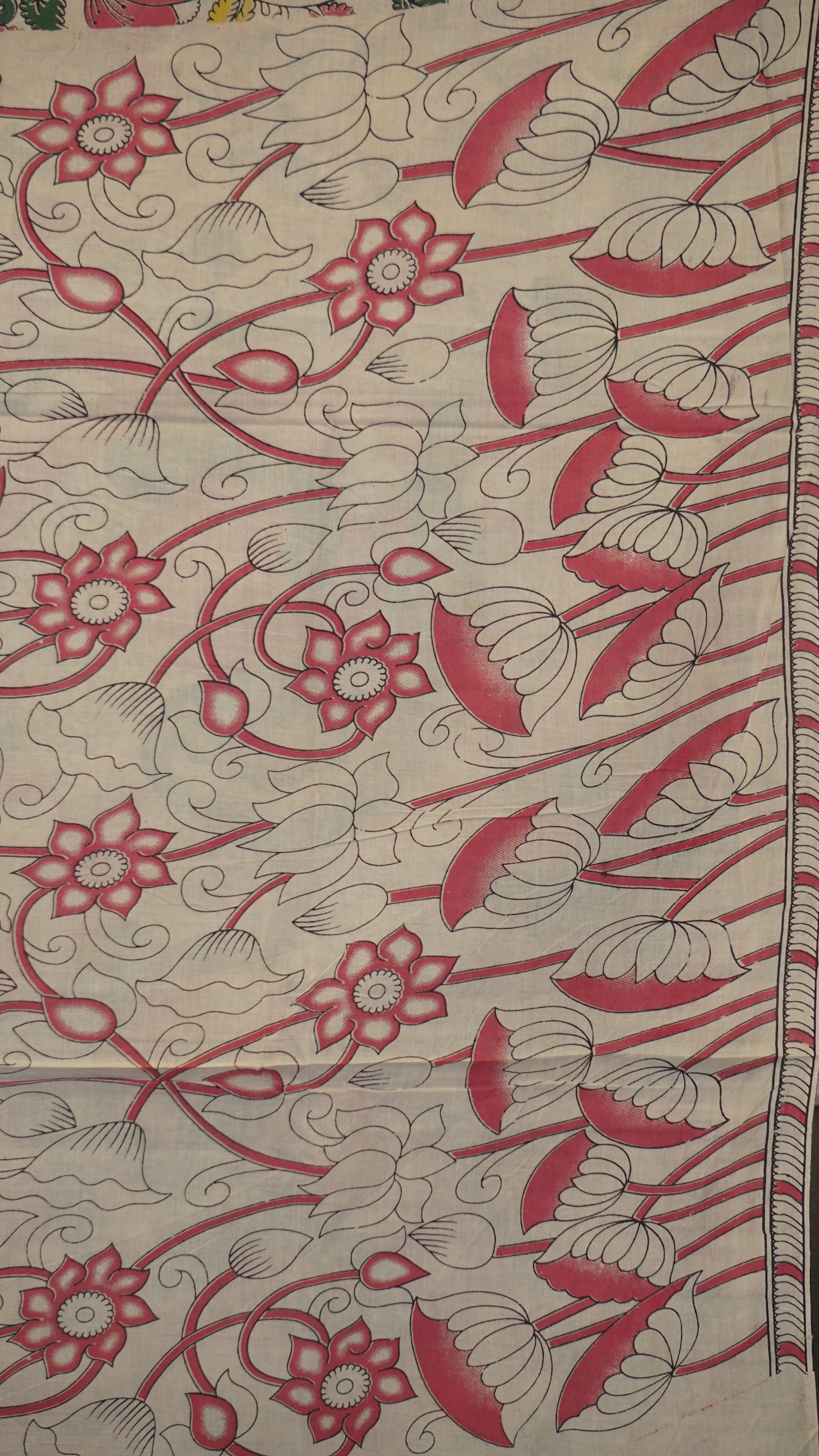 Kalamkari Saree Cotton - Beige With Big Peacock Design