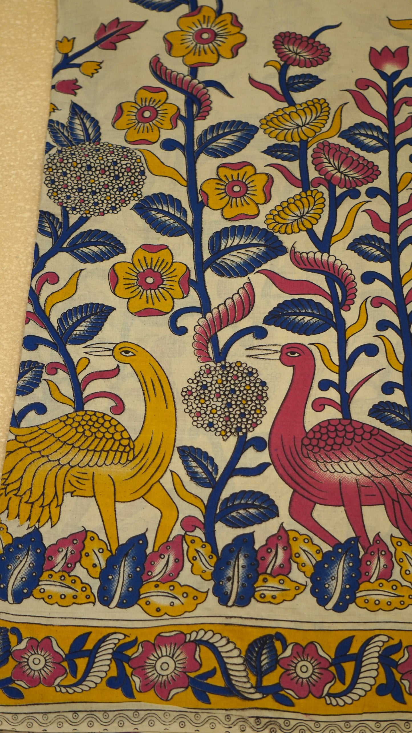 Kalamkari Saree Cotton - Beige With Yellow Border
