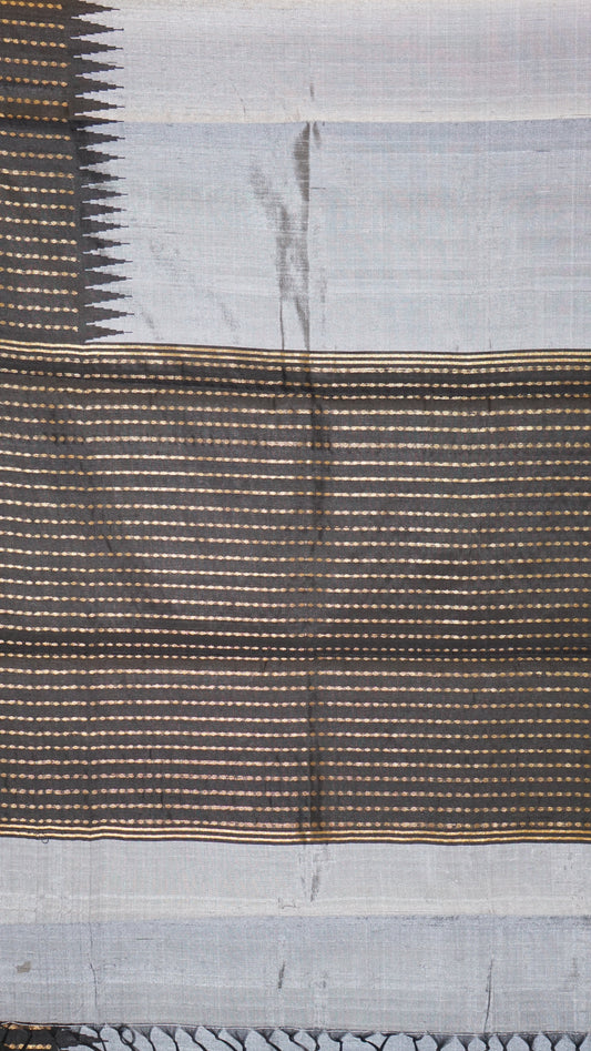 Pure Dupion Silk Saree - Grey With Black Border