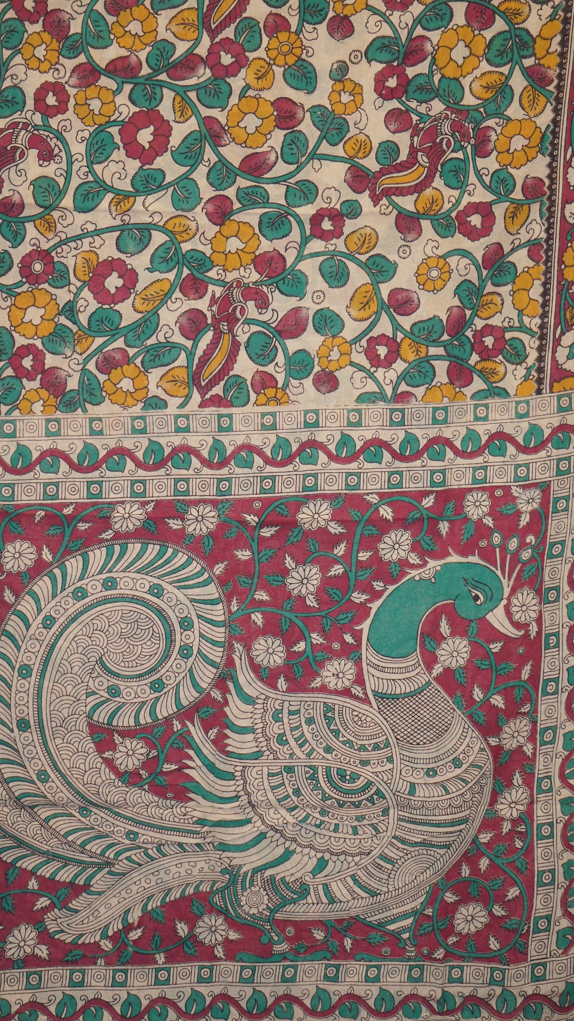 Kalamkari Saree Cotton - Beige With Magenta Border
