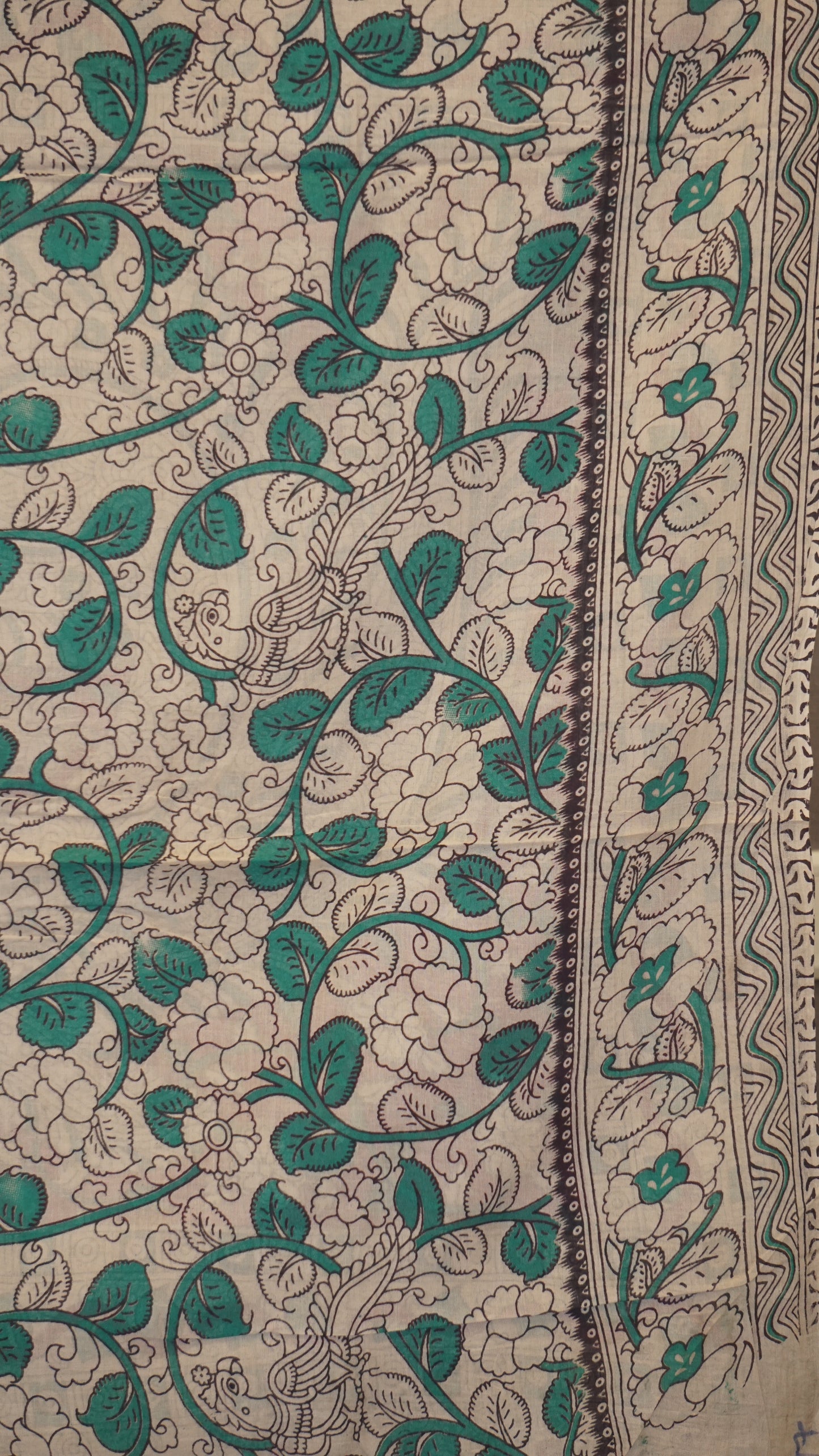 Kalamkari Saree Cotton - Beige With Magenta Border