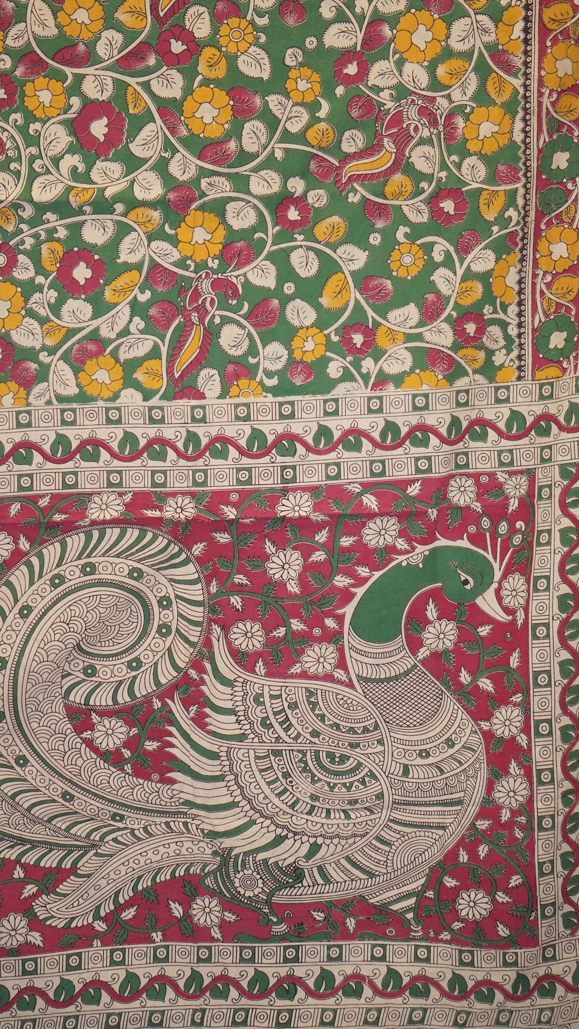 Kalamkari Saree Cotton - Green With Magenta Border